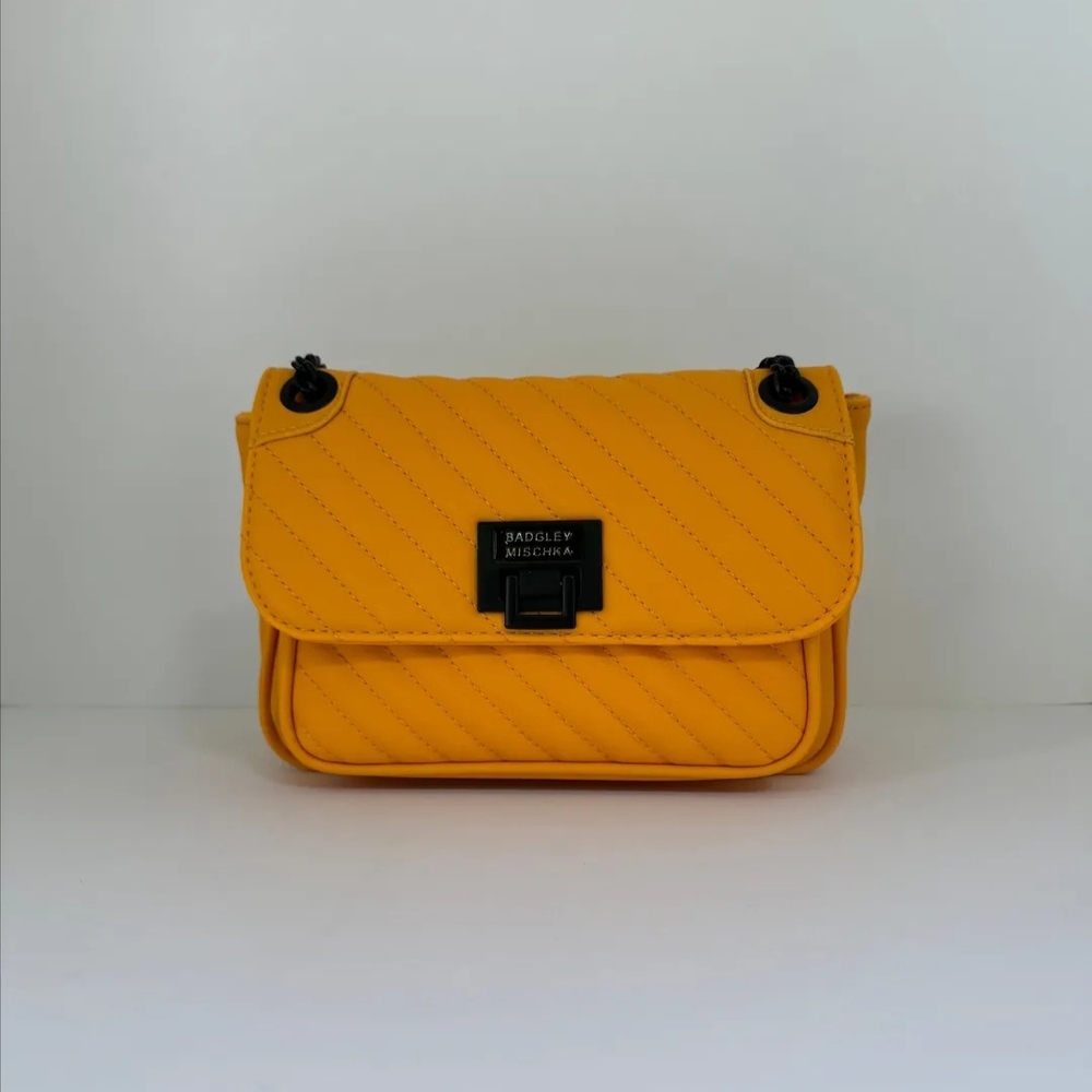 Badgley Mischka Crossbody Handbag Quilted Front Yellow Purse NEW